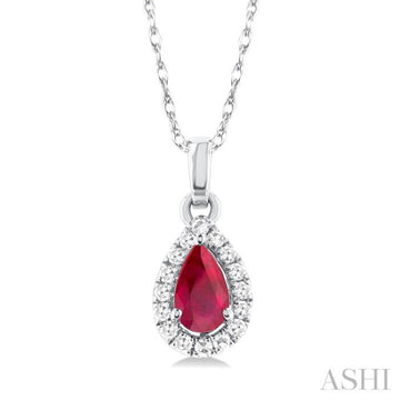5x3 MM Pear Shape Ruby and 1/20 Ctw Single Cut Diamond Halo Precious Pendant with Chain in 14K White Gold